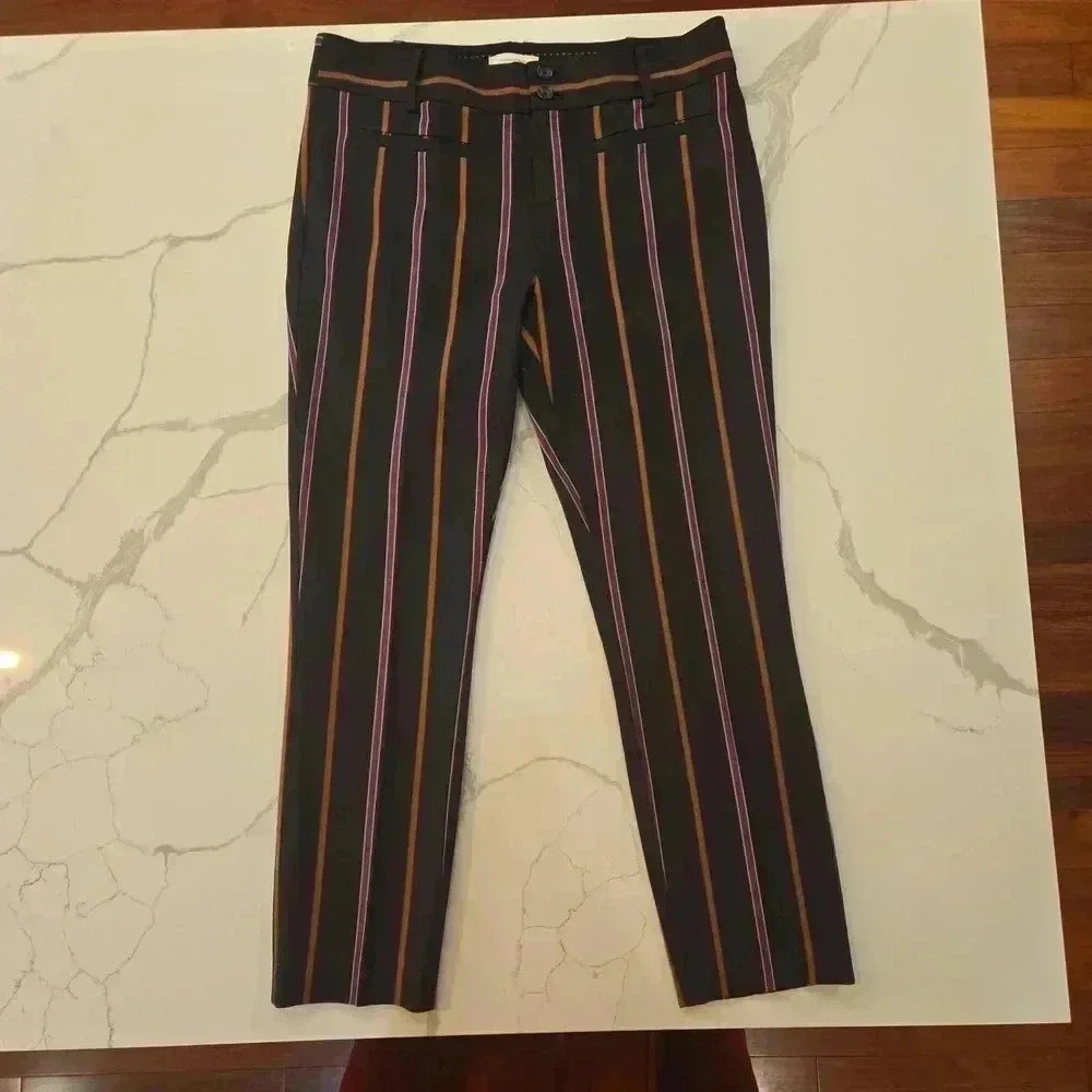 Anthropologie The Essential Slim Womens Striped Trouser Pants Black Size 8